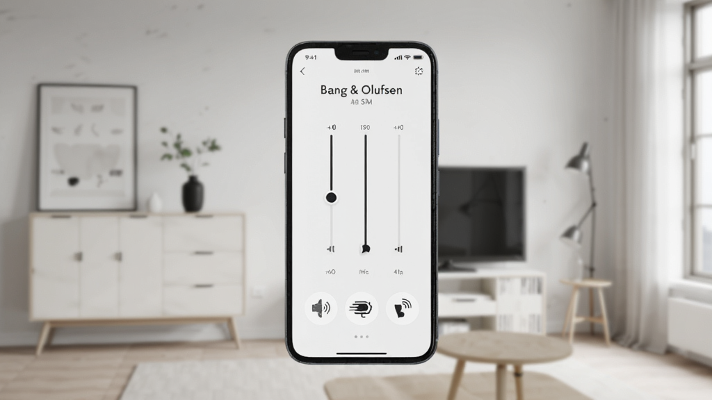 һ�������ֻ���Ļ��ʾ Bang & Olufsen Ӧ�ý��棬����λ�ڻ������룬����Ϊ��ŷ���Ҿӻ��������ּ�࣬�Ű�����������ִ���Լ��ϸ�ڰ��������������Чģʽͼ�꣬���ʸ��壬�ɾ����޶���Ԫ��
