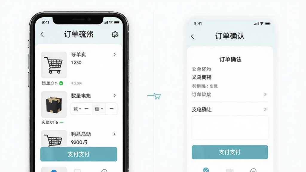������Ʒ�����ɹ�APP�ֻ��µ�����չʾͼ������Ϊ�ֻ���Ļ��ʾ���ﳵ�Ͷ���ȷ��ҳ�棬����Ϊ���ҷ���չʾ�������裬�Ű����룬���Ϊ���¼�Լ�磬ϸ�ڰ�����Ʒ����ͼ������ѡ��֧����ť�����ʸ��壬�ɾ��޶���Ԫ��