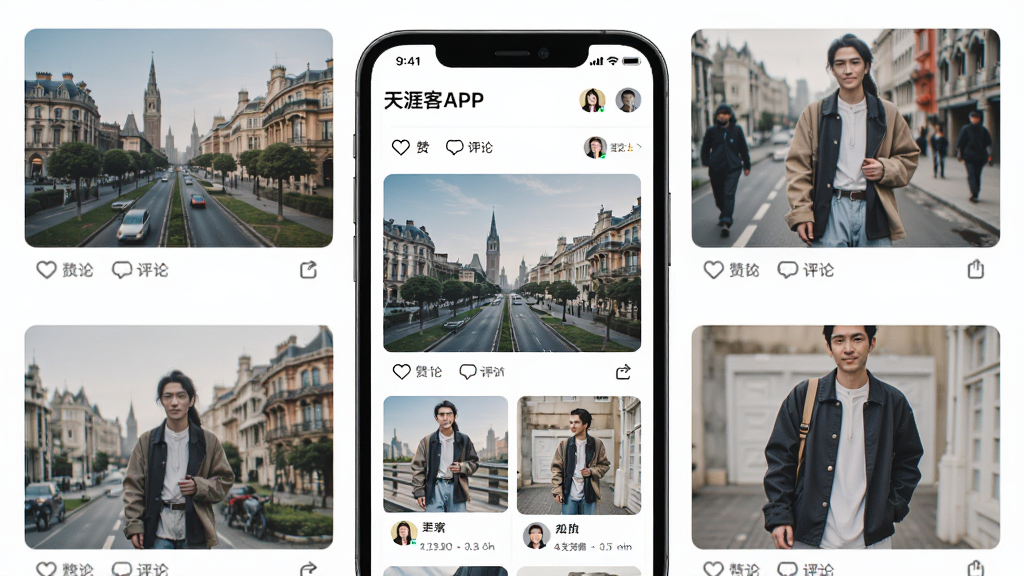 天涯客APP 全球旅行内容社区界面,展示多位旅行博主分享的城市漫游照片和穿搭心得,主体为手机屏幕,布局居中,排版清晰,风格清新现代,细节包括点赞评论按钮和用户头像,画质高清,干净,无多余元素