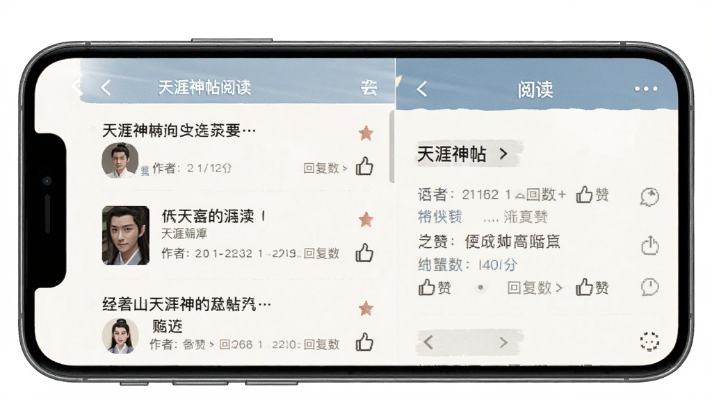 天涯客APP 天涯神帖阅读界面,展示经典帖子列表和阅读页面,主体为手机屏幕,布局上下结构,排版简洁,风格怀旧文艺,细节包括帖子标题、作者、回复数和点赞图标,画质高清,干净,无多余元素
