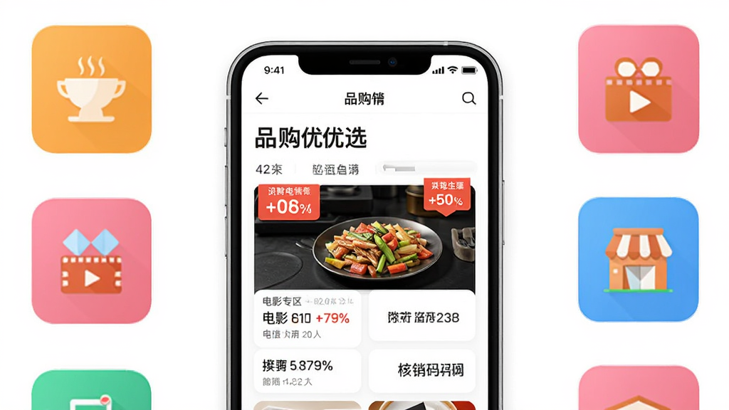 品购优选APP首页展示本地生活团购专区,手机屏幕居中,周围环绕餐饮、电影、酒店图标,布局简洁清晰,排版上下结构,风格现代扁平化,细节包含折扣标签和核销码元素,画质高清,干净,无多余元素