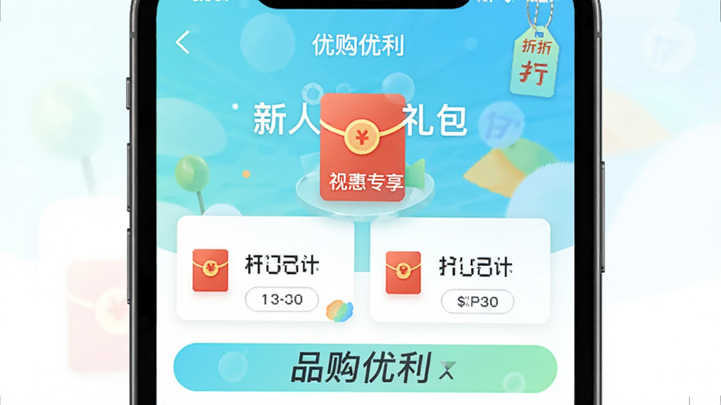 品购优选APP新用户福利页面,手机界面显示优惠券和折扣标签,主体突出新人专享礼包,布局为居中展示,排版上下分层,风格清新明快,细节包含红包图标和倒计时元素,画质干净,无多余元素