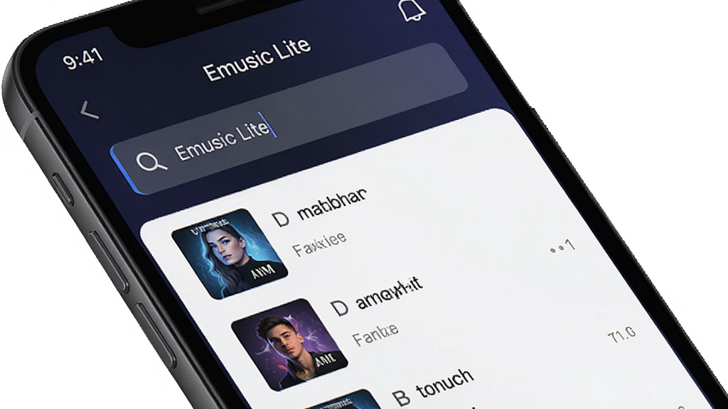 手机屏幕中显示“Emusic Lite”音乐搜索界面,搜索框内输入歌手名字,下方列出多条歌曲结果,整体布局简洁,背景为深色渐变,风格现代科技感,细节清晰,画质干净无多余元素