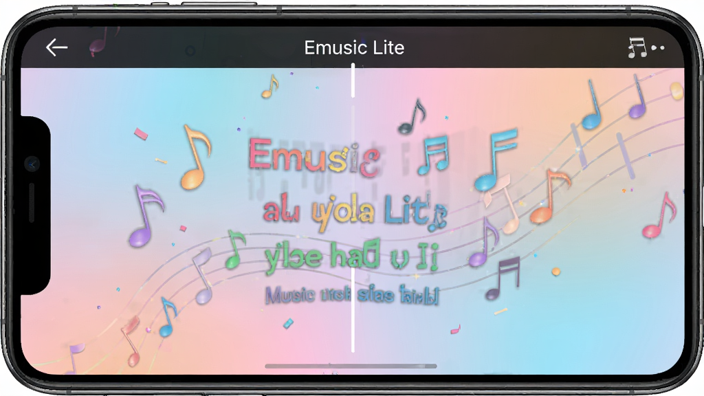 手机屏幕显示“Emusic Lite”歌词动画编辑界面,画面中有彩色音符和文字动画元素,背景为柔和渐变,风格活泼创意,细节丰富,画质干净无多余元素