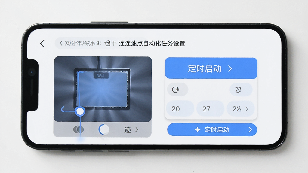手机展示连连速点自动化任务设置界面,包含滑动轨迹和定时启动选项,布局简洁,排版整齐,风格清爽,画质清晰,无杂乱元素