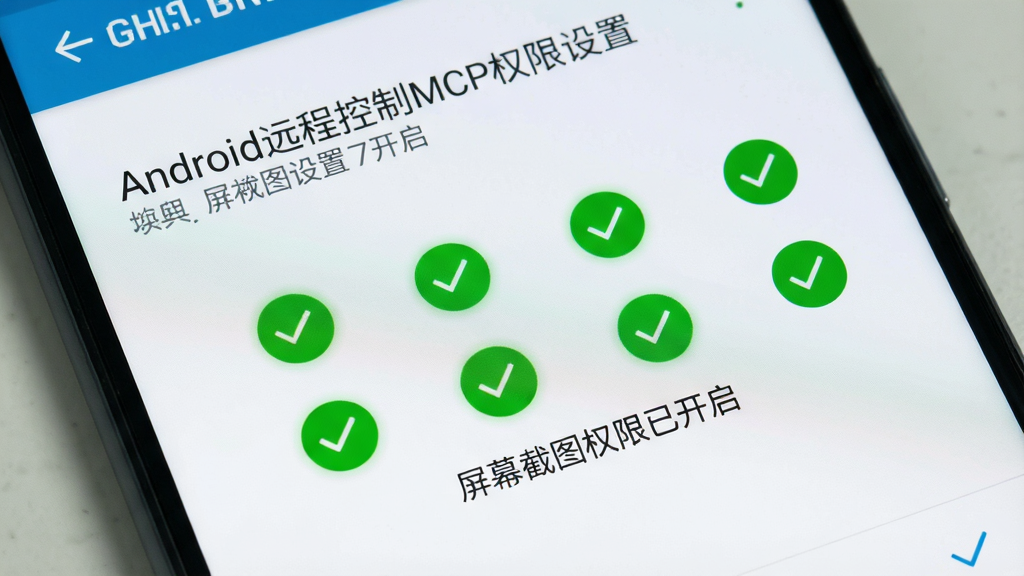 �ֻ���Ļ��ʾAndroidԶ�̿���MCPȨ������ҳ�棬��ɫ�Թ�ͼ��ȫ����������������