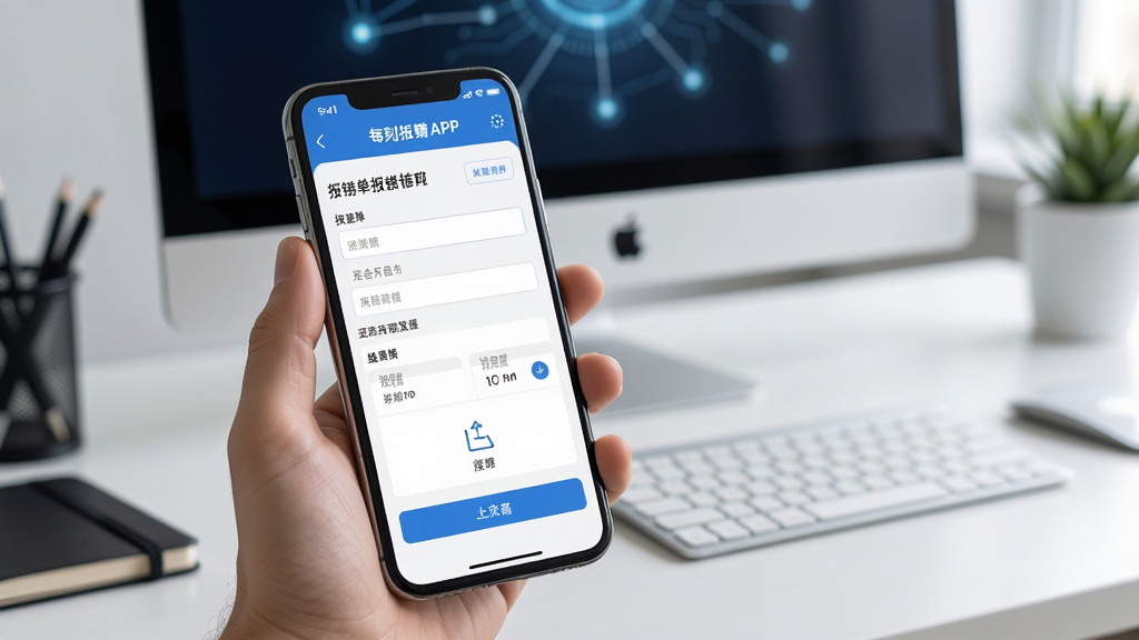 每刻报销APP界面展示,一部智能手机屏幕上显示报销单填写与发票上传页面,背景为办公桌与电脑,布局简洁,现代商务科技风格,细节清晰,画质高清,干净无多余元素