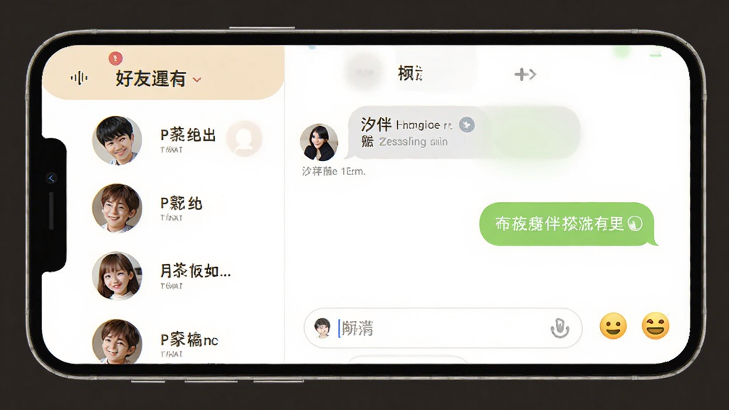 汐伴社交应用界面,展示好友列表与聊天窗口,主体为手机屏幕内聊天对话界面,布局左侧为好友头像列表右侧为聊天内容,排版清晰,风格温暖简约,细节包含消息气泡、输入框、表情按钮,画质高清,干净无多余元素