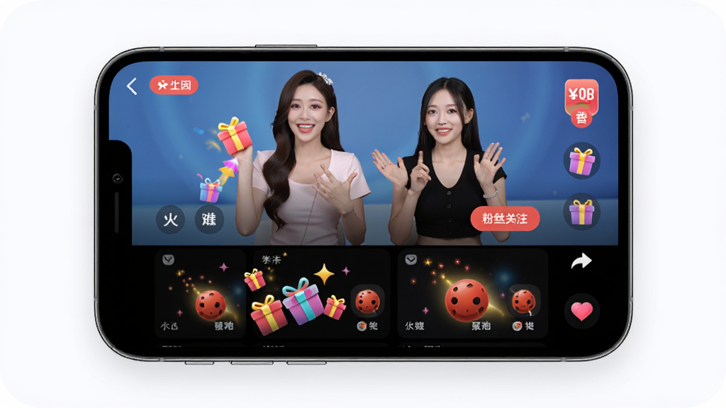 火乐园APP界面展示,主体为手机屏幕中显示直播带货场景与短视频瀑布流,布局为上下分栏,上方主播与副播同框互动,下方显示礼物特效和火星收集图标,排版简洁清晰,风格为现代移动应用UI,细节包括彩色礼物动画、火星图标、粉丝关注按钮,画质高清,干净,无多余元素