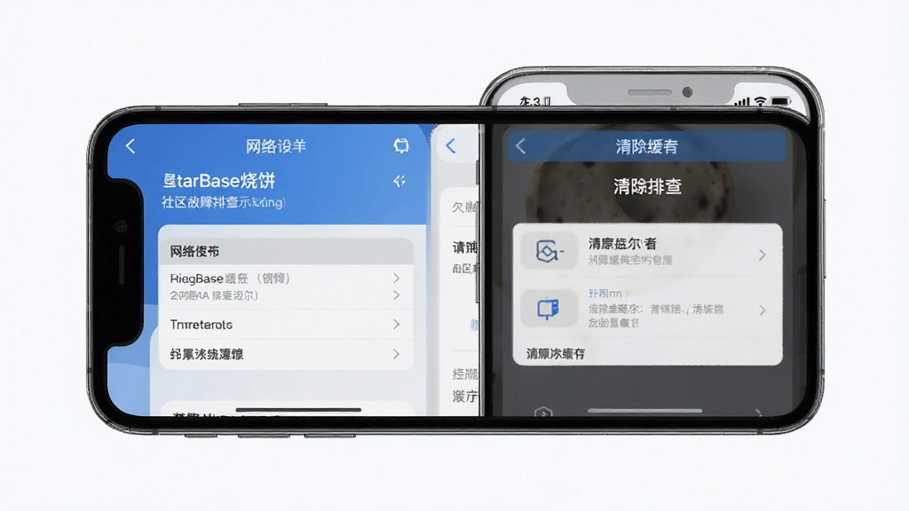 StarBase烧饼社区故障排查示意图,手机屏幕显示网络设置和清除缓存界面,主体居中,布局清晰,风格简洁科技,细节明确,画质干净,无多余元素