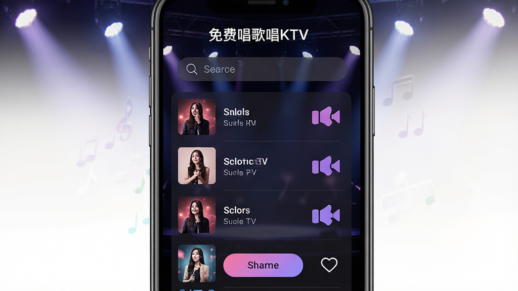 免费唱歌唱KTV应用主界面展示,手机屏幕中央显示歌曲列表和搜索框,背景为深色舞台灯光风格,界面简洁清晰,文字为“免费唱歌唱KTV”,布局为竖屏手机界面,风格为现代扁平化设计,细节包括歌曲封面、演唱按钮和收藏图标,画质高清,干净,无多余元素