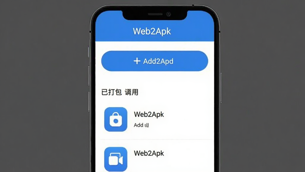 ���������ͼ������ΪWeb2ApkӦ�������棬����Ϊ�ֻ���Ļ����չʾ���Ű涥����ʾ�������ơ�Web2Apk�����в�Ϊ���Ӱ�ť���Ѵ��Ӧ���б������Ϊ����ƽ����ƣ�ϸ�ڰ�����ɫ��ɫ��ͼ�ꡢ��ɫ������Բ�ǰ�ť�������������ɾ����޶���Ԫ��