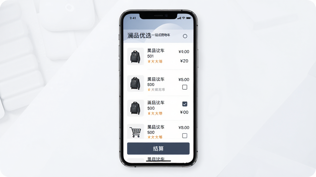 ��Ʒ��ѡһվʽ���ﳵ�붩���������棬����Ϊ�ֻ���Ļչʾ���ﳵ�б��ͽ��㰴ť������Ϊ���·������Ű����࣬���Ϊ��ˬ����磬ϸ�ڰ�����ƷСͼ���۸��ǩ����ѡ�򣬻��ʸ��壬�ɾ����޶���Ԫ��