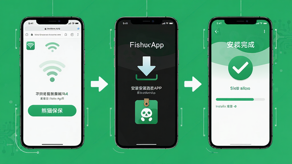 ��è����APP���ذ�װ����ͼ��������չʾһ���ֻ������������APK����װ��ɵĲ���ֽ⣬�ֻ���Ļ��ʾ����è���������ذ�ť�Ͱ�װ������������Ϊ�ֻ������ؼ�ͷͼ�꣬����Ϊ�������е���������ʾ�⣬���Ϊ���Ƽ��У�ϸ�ڰ���WiFi�ź�ͼ�ꡢ��װ��ͼ�����ɴ򹴱�־�������������ɾ����޶���Ԫ��