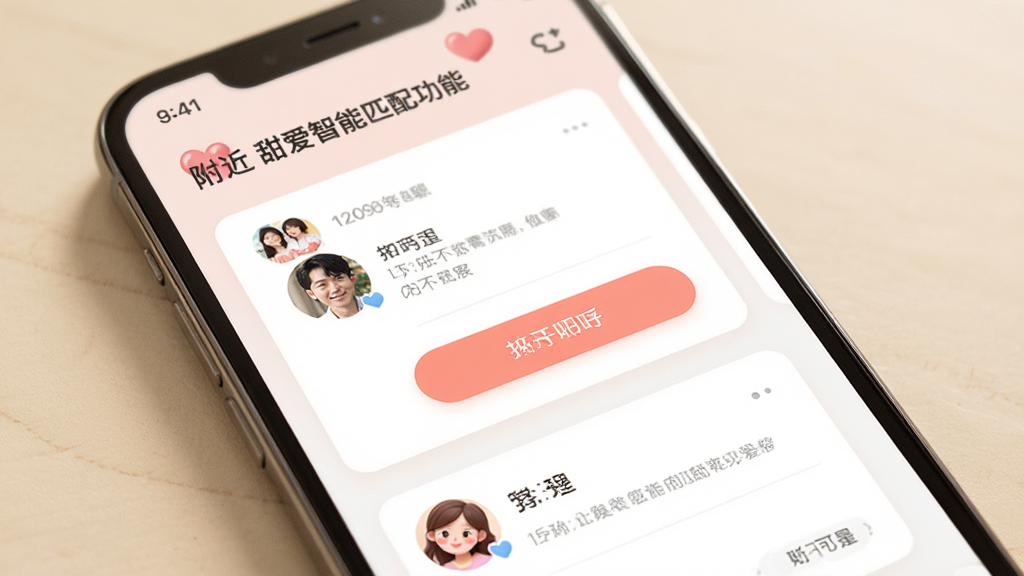 附近甜爱智能匹配功能展示,主体为手机界面,布局为卡片式推荐,排版清晰,风格温馨社交,细节包括用户头像和打招呼按钮,画质清晰,干净,无多余元素