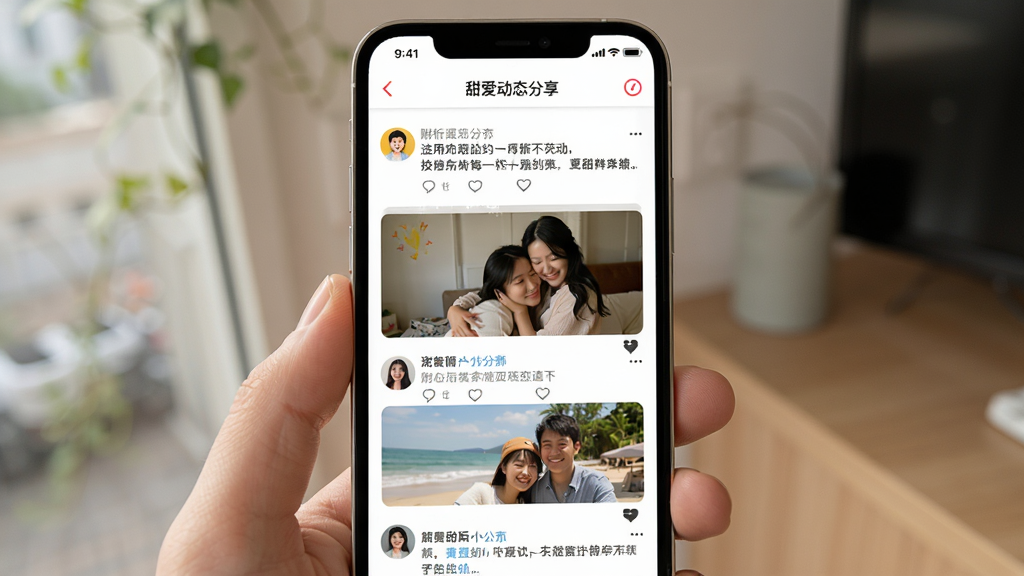 附近甜爱动态分享页面,主体为手机屏幕,布局为瀑布流动态,排版活泼,风格生活化,细节包括图片和文字动态,画质明亮,干净,无多余元素