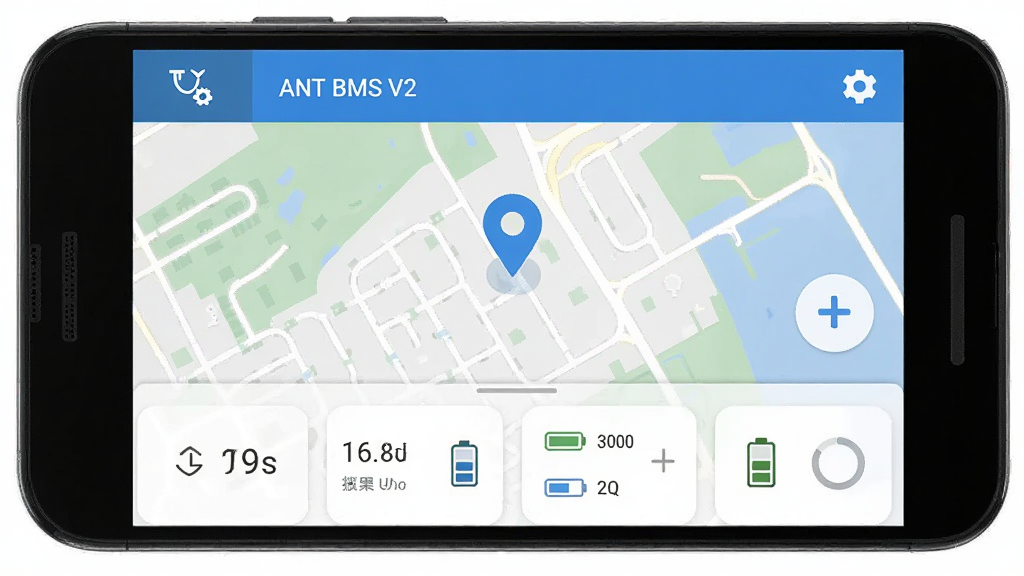 һ����׿�ֻ�չʾ��ANT BMS V2�������ĵ�ͼ��λ���棬����Ϊ�ֻ��͵�ͼ���棬�����ϵ�ͼռ����Ļ�ϰ벿�֡��·�Ϊ�豸״̬��Ƭ���Ű�Ϊ���½ṹ�����Ϊ�ִ���Լ�Ƽ��磬ϸ�ڰ�����ɫ��λ��Ǻ͵��ͼ�꣬���ʸ��壬�ɾ����޶���Ԫ��