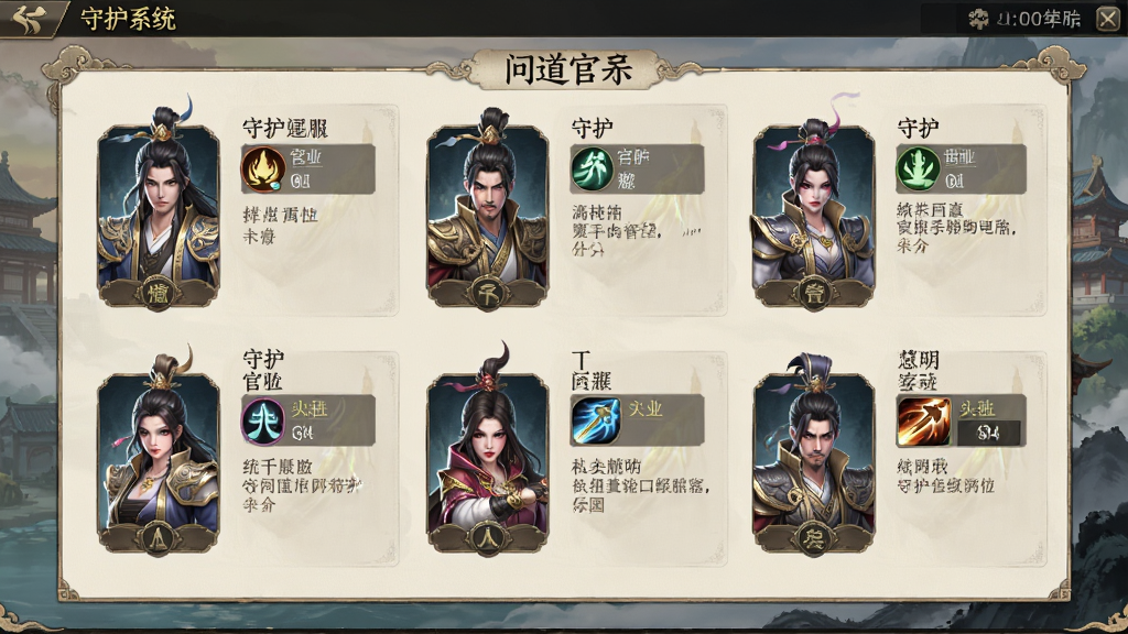 问道官服手游 守护系统界面 展示多个守护角色 布局为角色选择面板 排版整齐 风格国风仙侠 细节包含守护属性和技能说明 画质高清 干净 无多余元素