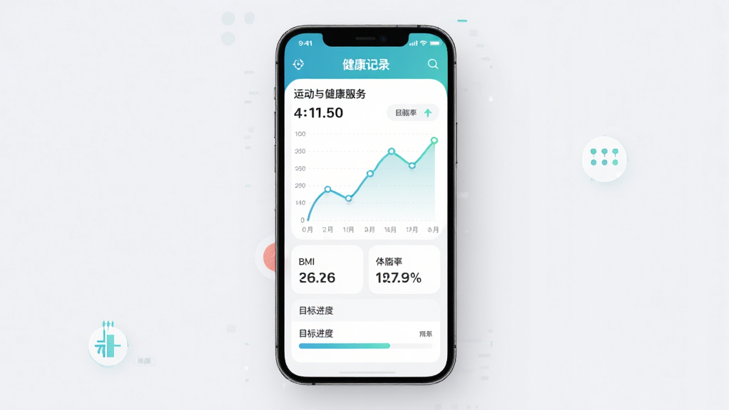 �˶��뽡������App�������Ƽ�¼���棬����Ϊ�ֻ���Ļչʾ����ͼ���������ݣ�����Ϊ����չʾ�ֻ����Ű��࣬���Ϊ�ִ������Ƽ��磬ϸ�ڰ���BMI��ֵ����֬�ʰٷֱȡ�Ŀ��������������������ɾ����޶���Ԫ��
