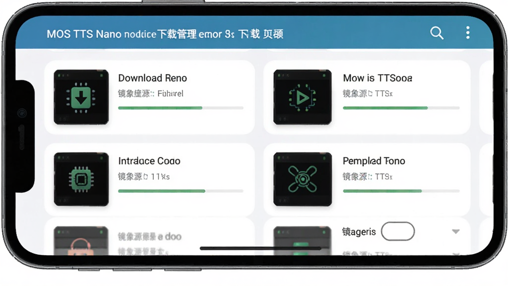 MOSS TTS Nano模型下载管理页面,主体为手机应用内的模型管理界面,布局为上下结构展示下载源列表,排版整齐,风格为简约现代,细节包含下载进度条和镜像源切换按钮,画质清晰,干净,无多余元素