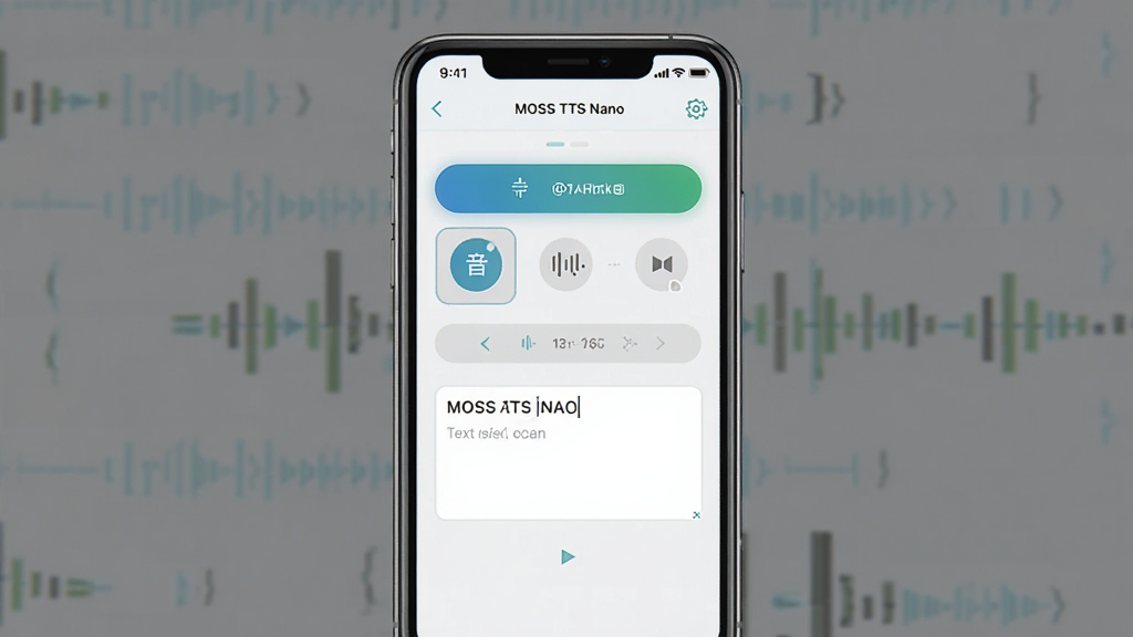 MOSS TTS Nano软件界面展示,主体为手机屏幕中显示语音合成操作页面,布局为居中展示手机界面,排版简洁清晰,风格为科技感扁平化设计,细节包含音色选择按钮和文字输入框,画质高清,干净,无多余元素