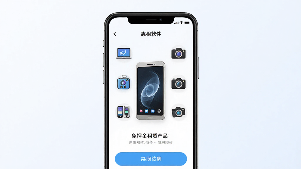 惠租软件界面展示,手机屏幕中显示免押金租赁数码产品的操作页面,主体为一部智能手机,布局居中,背景为浅色渐变,风格简洁现代,细节包含手机、电脑、相机等数码图标,画质清晰干净,无多余元素