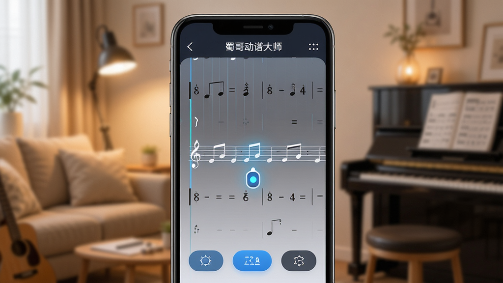 软件名称为蜀哥动谱大师,画面主体是一部手机屏幕显示动态简谱界面,光标正在简谱上滚动,布局为手机居中展示,背景是温馨的居家练习环境,排版简洁清晰,风格为现代科技感,细节包括简谱音符、滚动光标、功能按钮,画质高清,干净,无多余元素