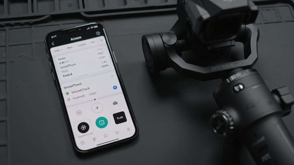 һ�������ֻ���Ļ��ʾ DJI Ronin app ����̨���ƽ��棬�������е��������SmoothTrack ���ú��Զ�У׼��ť������Ϊ������ɫ����̨���ֻ��Ա߷���һ̨��Ӱ��̨��������Ƽ���ʮ�㣬����ɾ��������޶���Ԫ�أ����廭��