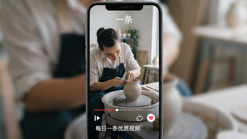 �ֻ���Ļ��ʾһ��APP��Ƶ���Ž��棬������һλ���ʦ�ڹ������������մɣ�����Ϊ�����ֻ����棬�Ű�����������Լ���£�ϸ�ڰ������Ž����������ް�ť�����ʸ��壬�ɾ����޶���Ԫ�أ���Ļ�Ϸ����֡�һ�������·����֡�ÿ��һ��������Ƶ��