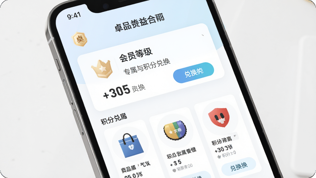 ׿Ʒ�㹺��APP��ԱȨ�����Ľ��棬����Ϊ�ֻ���Ļչʾ��Աר���Ż�����ֶһ�ҳ�棬���ֲ��ÿ�Ƭʽ����Ϸ�Ϊ��Ա�ȼ��·�Ϊ������Ʒ���У��Ű��η������������ǳɫϵ��ϸ�ڰ�����Ա��ʶ���������֡��һ���ť�����ʸ���ɾ��޶���Ԫ��