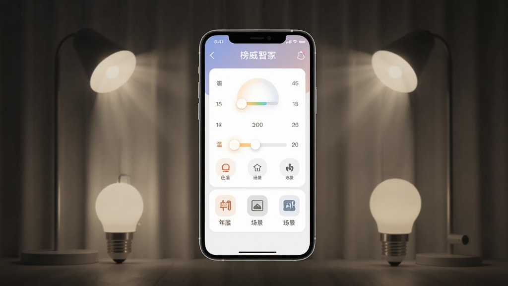 榜威智家App界面展示,主体为手机屏幕显示全屋灯光控制面板,布局为居中手机加周围灯光效果,排版简洁,风格科技现代,细节包括色温调节滑块和场景图标,画质清晰,干净,无多余元素