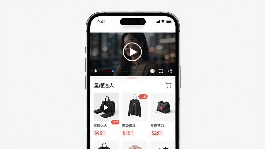 �ֻ���Ļչʾ��ҫ����APP���棬�ϰ벿��Ϊ����Ƶ���������°벿��Ϊ��Ʒ��Ƭ�б����������ֻ��ͽ��沼�֣�����ִ���࣬ϸ�ڰ�����Ƶ����ͼ����Ʒ�۸��ǩ�����ﳵͼ�꣬�����������ɾ����޶���Ԫ��