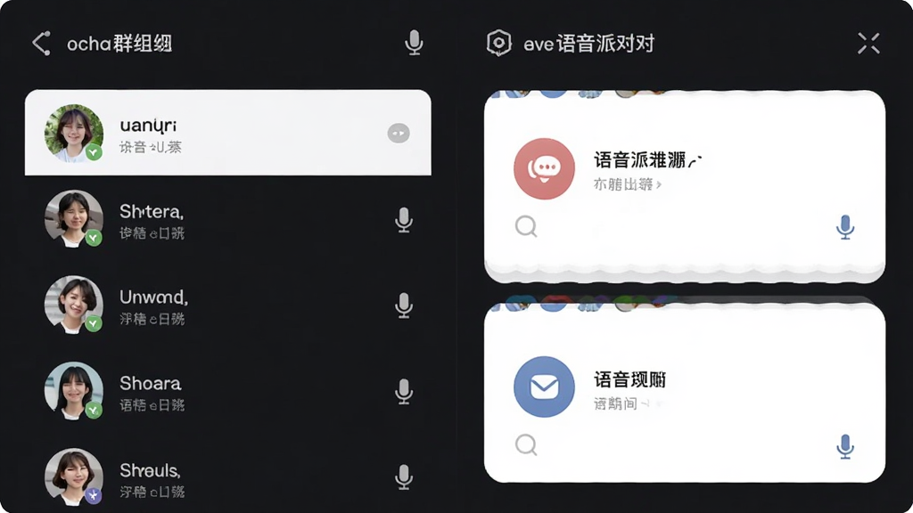 ocha群组与语音派对界面,主体为群组列表和语音房间卡片,布局左右分栏,排版整齐,风格现代简约,细节包括成员头像和麦克风图标,画质清晰干净无多余元素
