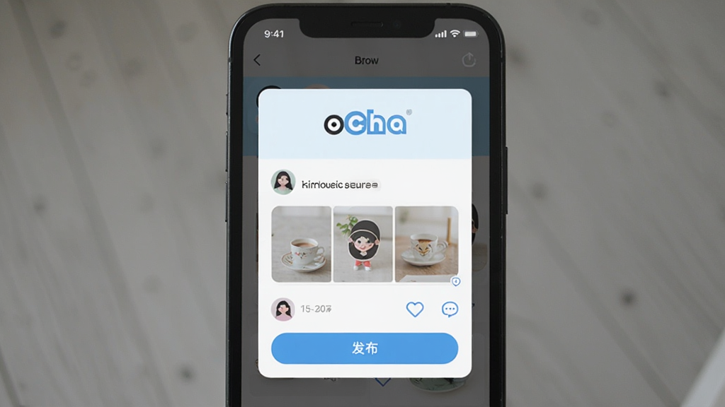 手机屏幕显示ocha社交软件分享页面,主体为居中卡片式布局,顶部有ocha标志,中间是文字图片语音发布框,底部有发布按钮,清新浅色风格,细节包括头像点赞评论图标,画质清晰干净无多余元素
