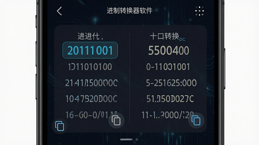 进制转换器软件功能展示图,主体为手机界面中二进制与十六进制转换结果对比,布局上下分栏,排版整齐,风格为科技感深色主题,细节包含高亮数值与复制图标,画质清晰,干净,无多余元素