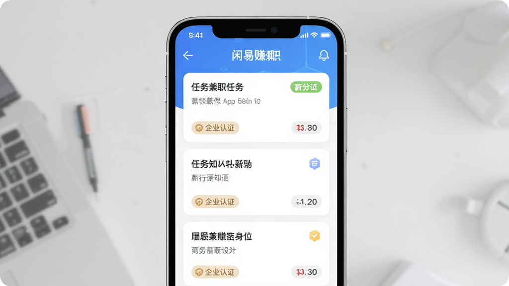 �ֻ���Ļչʾ����׬��ְApp�����б����棬����Ϊ�ֻ����з��ã�����Ϊ����չʾ���Ű������г������ְ��λ�����Ϊ�ִ���Լ�Ƽ��磬ϸ�ڰ�������Ƭ��н�ʱ�ǩ����ҵ��֤��ʶ�����ʸ���ɾ��޶���Ԫ�ء�