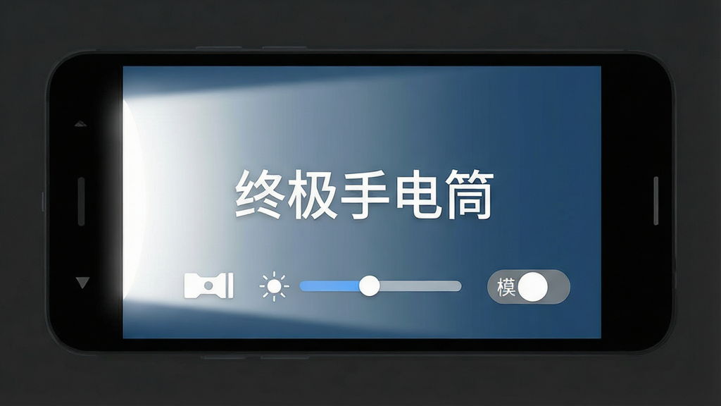 终极手电筒软件界面展示,主体为一部安卓手机屏幕亮起白色灯光,屏幕中央显示“终极手电筒”文字,布局简洁居中,排版清爽,风格为扁平化科技感,细节包括手电筒图标、亮度调节条、模式切换按钮,画质高清,干净,无多余元素