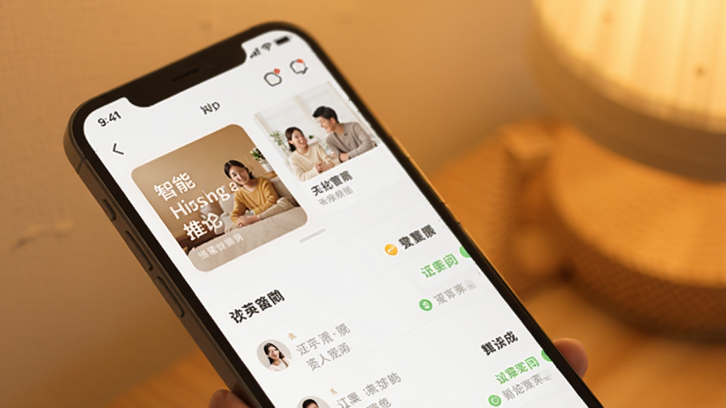 也在APP界面展示,手机屏幕中显示智能推荐卡片和聊天列表,背景为暖色调,风格简洁温馨,画质清晰,干净无多余元素
