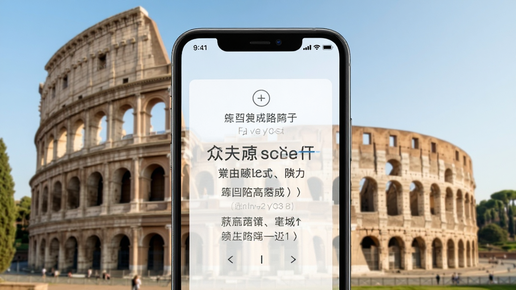 意大利语翻译通 软件界面展示,手机屏幕中显示中意文字翻译结果,背景为罗马斗兽场,风格清新简约,画面干净,高清画质