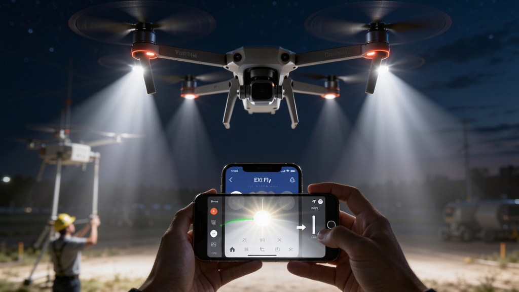 ���˻��߿���ͣ��������ǿ�⣬���湤����Ա�ֳ��ֻ�ʹ��EXI Fly APP�������ȣ�����Ϊ���¹�ͼ�����дʵ��ϸ�ڰ���������͸ҹɫ���ֻ������Ч�����ʸ��壬�ɾ����޶���Ԫ��