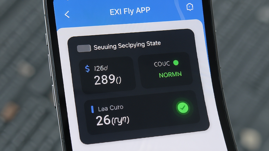 �ֻ���Ļ��ʾEXI Fly APP���棬��������Ϊϵ������״̬��壬���־��У��Ű����������Ƽ���Լ��ϸ�ڰ�����ѹ������ֵ����ɫ����ָʾ�ƣ����ʸ��壬�ɾ����޶���Ԫ��