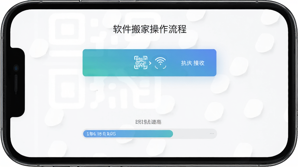 软件搬家操作流程,主体为手机屏幕显示发送与接收按钮,布局上下结构,排版清晰,风格扁平化,细节包含扫码连接图标和传输进度条,画质高清,干净,无多余元素