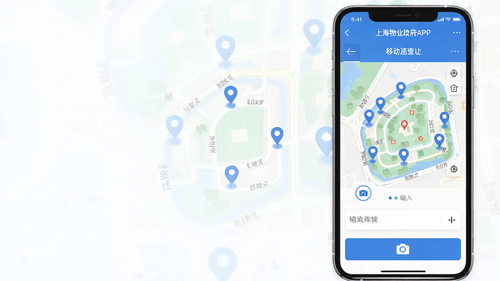 �Ϻ���ҵ����APP�����ͼ��չʾ�ƶ�Ѳ�鹦�ܣ�����Ϊ�ֻ���Ļ��ʾС����ͼ��Ѳ����ǣ�����Ϊ�����ֻ����棬�Ű����������Ϊ�ִ�������ɫ����ϸ�ڰ�����ͼͼ�ꡢ���հ�ť����������򣬻��ʸ��壬�ɾ����޶���Ԫ��