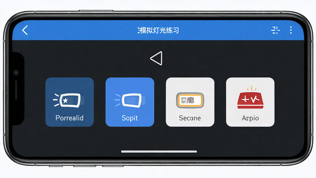 ѧ��ͨApp��Ŀ��ģ��ƹ���ϰ���棬�ֻ���Ļչʾ����ָ��͵ƹ������ť�������������Ű��࣬���дʵ��ϸ�ڰ�������ơ�Զ��ơ�ʾ���ơ�Σ�ձ��������ͼ�꣬���ʸ��壬�ɾ����޶���Ԫ��