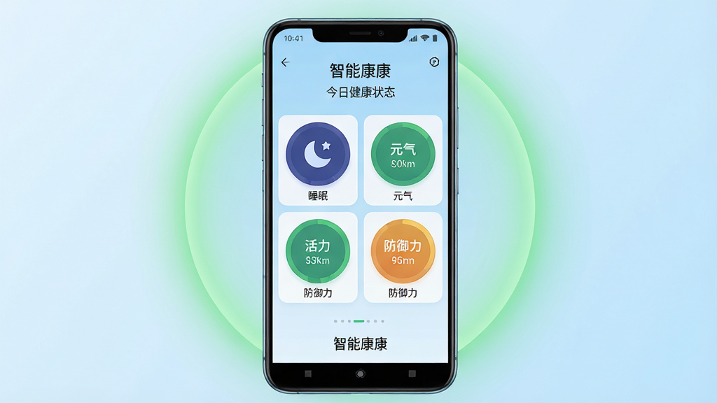 ��������Ϊһ����׿�ֻ����ֻ���Ļ����ʾ�����ܿ�����APP�Ľ��ս���״̬ҳ�棬ҳ������˯�ߡ�Ԫ�����������������ĸ�ά�ȵ�Բ�����ݿ�Ƭ������Ϊ�ɾ����ŵ�ǳ��ɫ���䣬�ֻ���Χ����͵���ɫ���λ��ƣ�����Ϊ�ֻ����з��ã��ײ��С����ܿ��������ֱ�ʶ�����Ϊ�ִ��Ƽ���Լ�磬ϸ�����ֻ��߿���������Ļ������������������Ϊ4K���壬�ɾ����޶���Ԫ��
