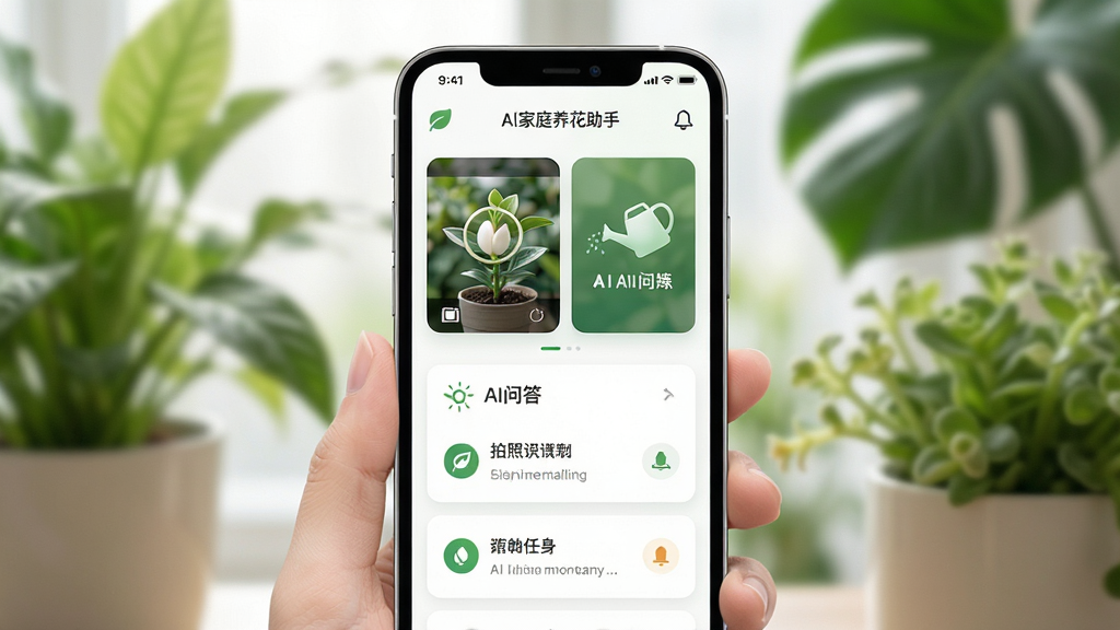 AI家庭养花助手应用界面展示,主体为手机屏幕中显示植物档案与养护任务列表,布局为居中手机 mockup 搭配绿植背景,排版清晰展示拍照识别与AI问答功能模块,风格为清新自然科技风,细节包含绿色叶片图标与浇水提醒卡片,画质高清干净无多余元素