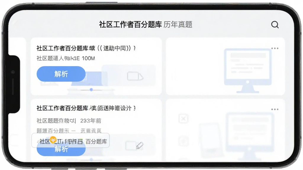 社区工作者百分题库历年真题页面,手机屏幕中显示“社区工作者百分题库”标题和真题列表,每道题目下方有解析按钮,背景为浅色,排版整齐,风格为现代教育APP界面,画质干净清晰