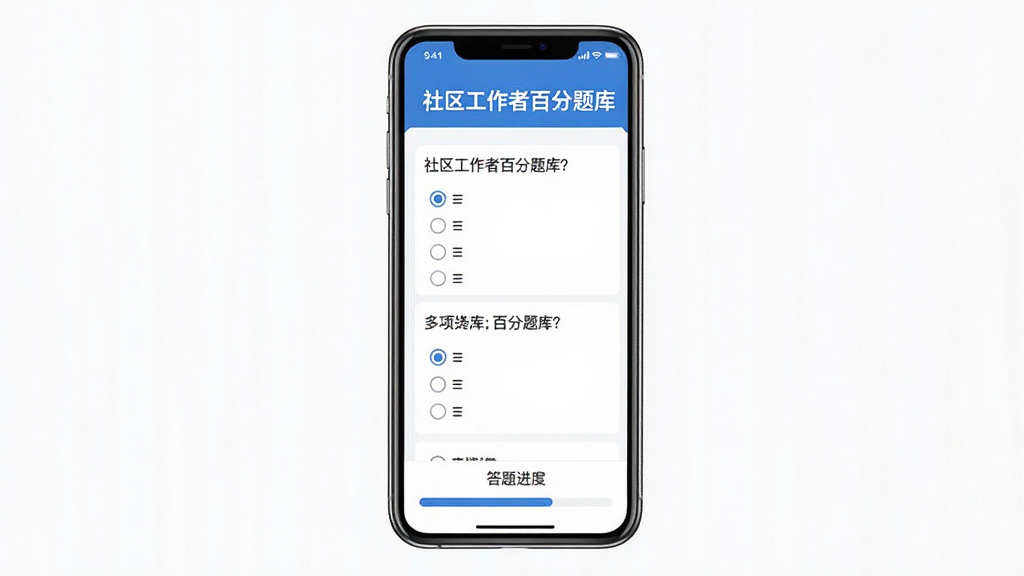 手机屏幕展示社区工作者百分题库专项练习界面,界面顶部显示“社区工作者百分题库”文字,中间是单选题和多选题列表,底部有答题进度条,整体布局简洁清晰,风格为扁平化教育类APP设计,蓝色主色调,画质清晰,干净无多余元素