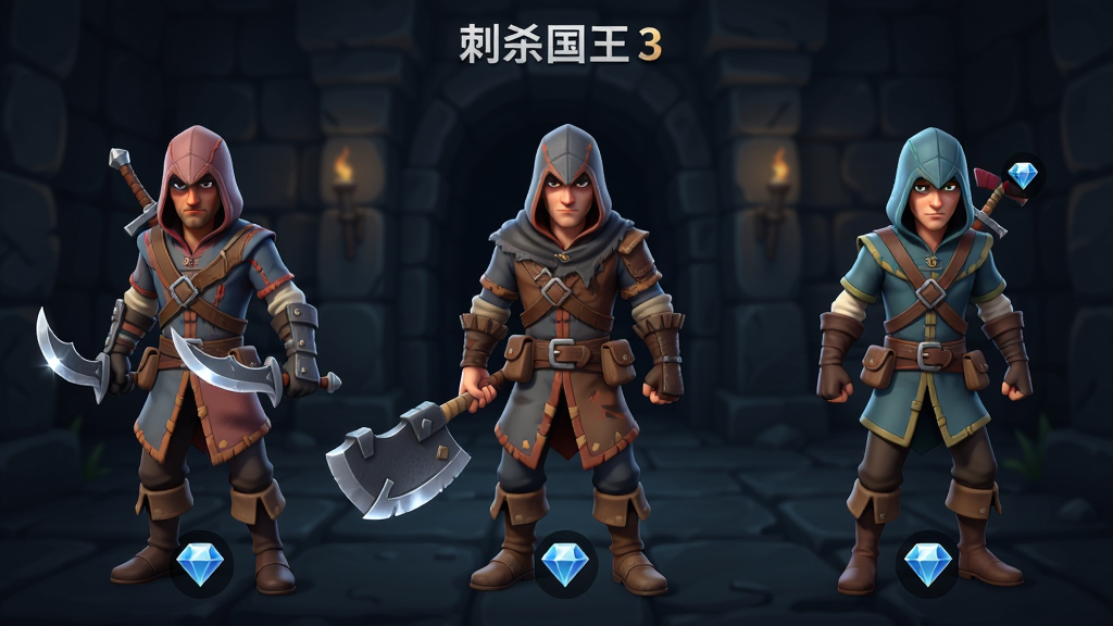 ��ɱ����3��Ϸ��ɫѡ����棬��������չʾ�����̿ͽ�ɫ�������˫�д̿ͣ��м����ص����ˣ��Ҳ��Ƿ��������������ǰ�ɫ�Թ���ڣ�����Ϊ������У��Ű����������Ϊ��ͨдʵ��ϸ�ڰ�����ɫ��װ����������������ʯͼ�꣬���ʸ��壬�ɾ����޶���Ԫ��