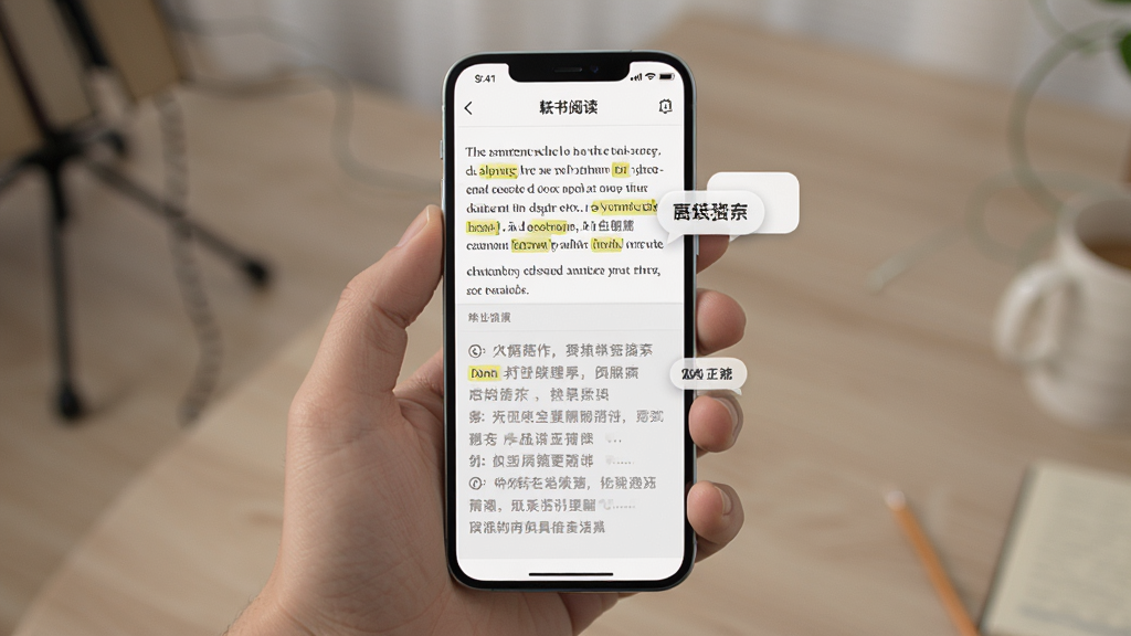 耘书阅读APP手机界面展示AI翻译功能,画面主体为一部智能手机,屏幕显示英文文章和中文翻译对照,布局简洁居中,风格清新现代,细节包括高亮的生词标记和翻译气泡,画质清晰,干净无多余元素